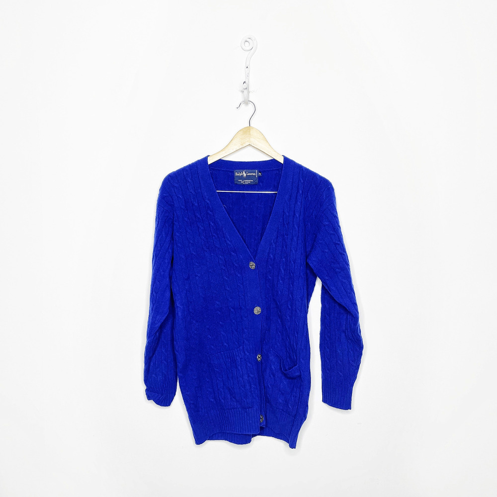 Vintage 80s Ralph Lauren 100% Lambswool Royal blue cardigan sweater womens M